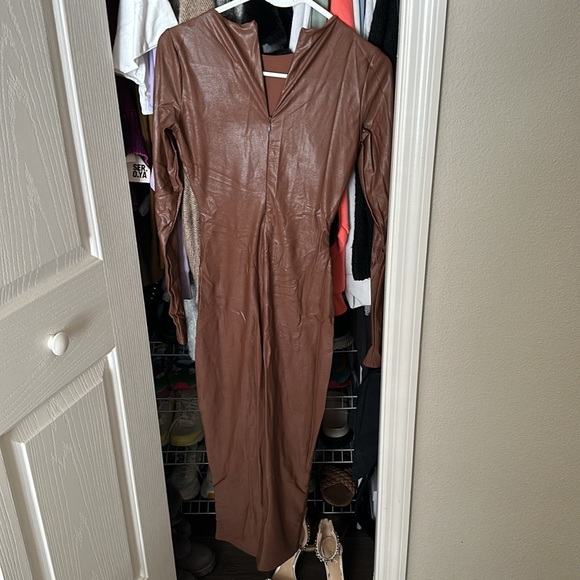 Sexy faux leather brown maxi dress by naked wardrobe - Picture 3 of 4